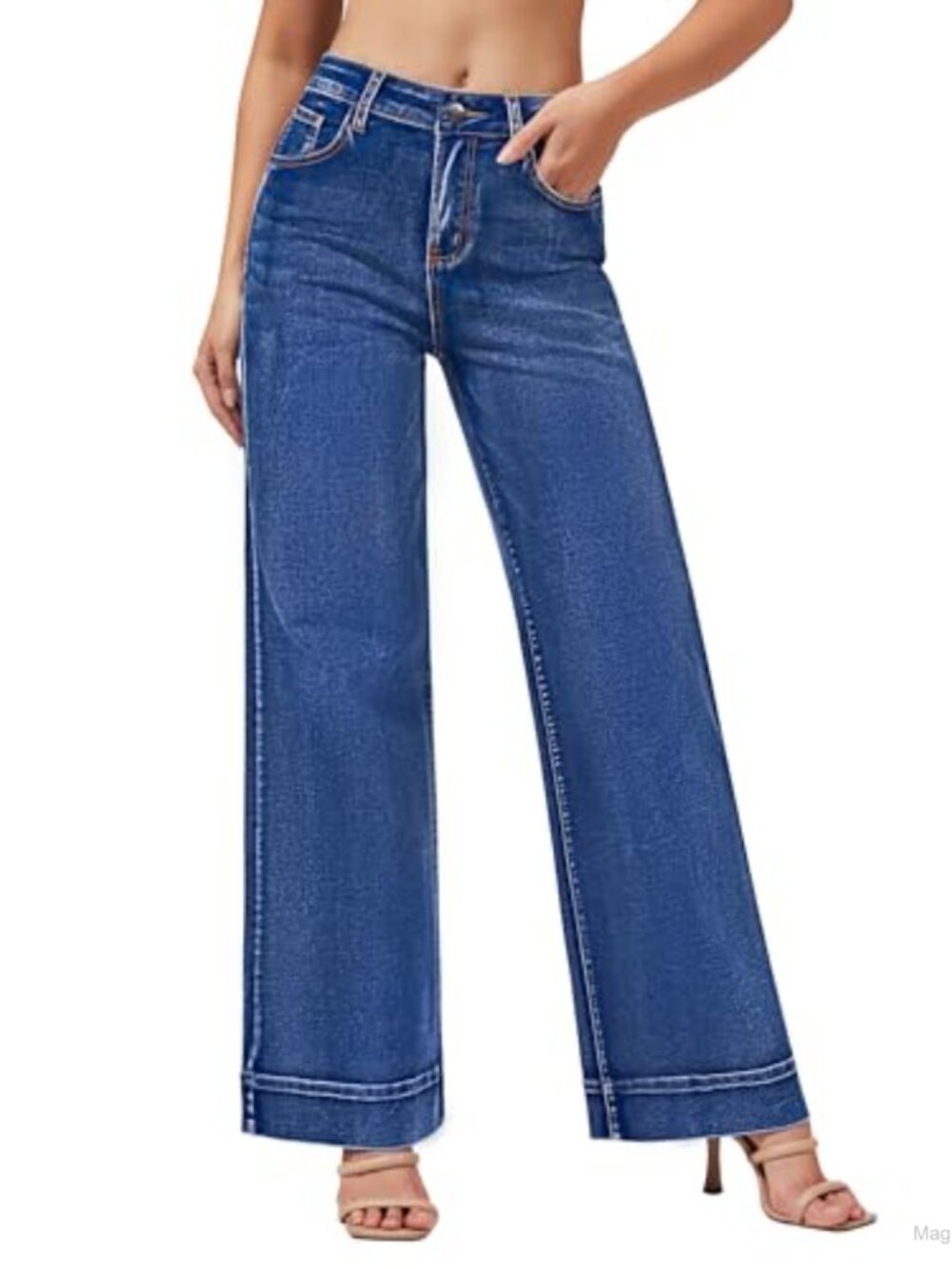 High Rise Wide Leg Stretch Denim Jeans - Baggy Fit with Pockets